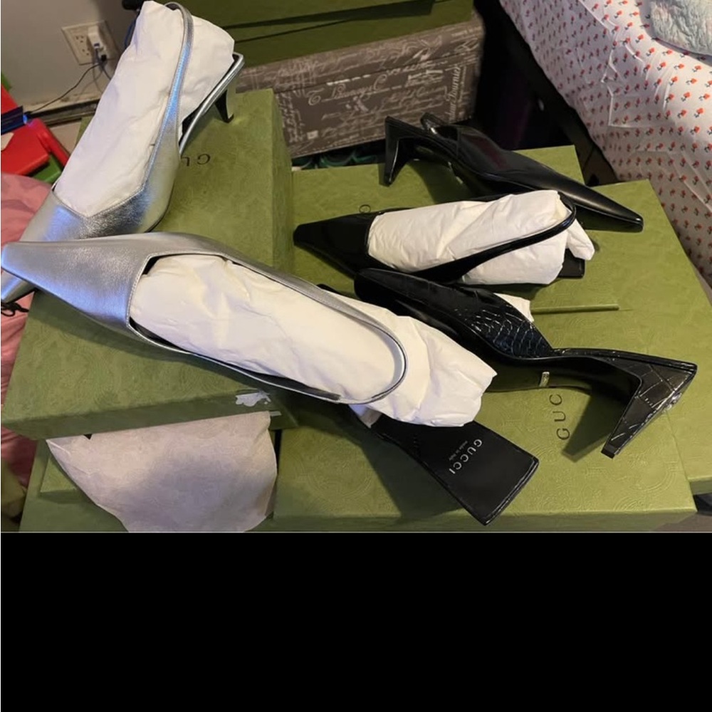 Gucci Silver Metallic Slingback Heels - Picture 3 of 3